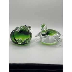 Murano Style Frog And Turtle Paperweight Set Green Hand Blown Art Glass